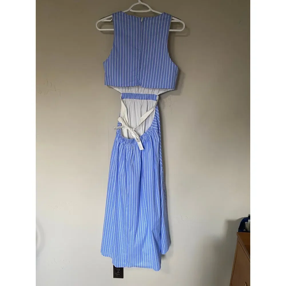 NWT Lulus Preppy Blue White Pinstripe Tank Cut Away Midi Maxi Length Dress Med - Picture 3 of 9